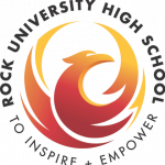 A logo of a firebird with the text surrounding it in a circle reading "Rock University High School, to inspire + empower"