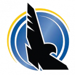 A blue circle with a yellow half outline and a black bird in front